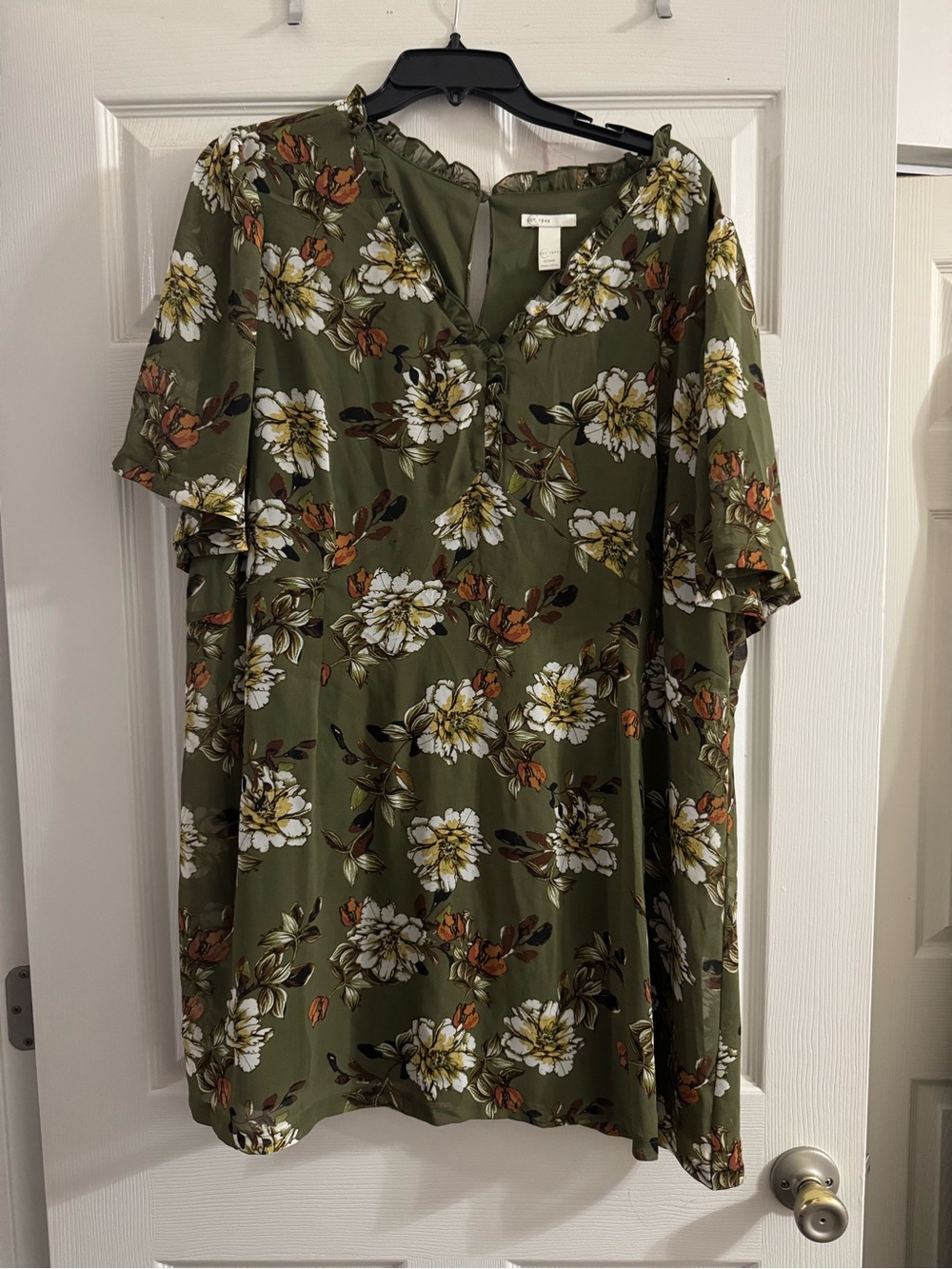 Cato Olive Green Floral Tunic Dress with White and Orange Blooms